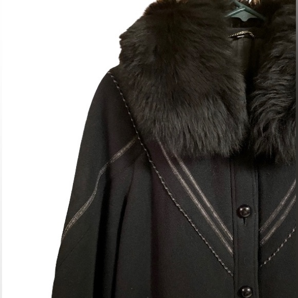 Vintage 70s 80s Fur Wool Pea Trench Coat Long Leather Inserts Button Down Warm - Picture 4 of 16